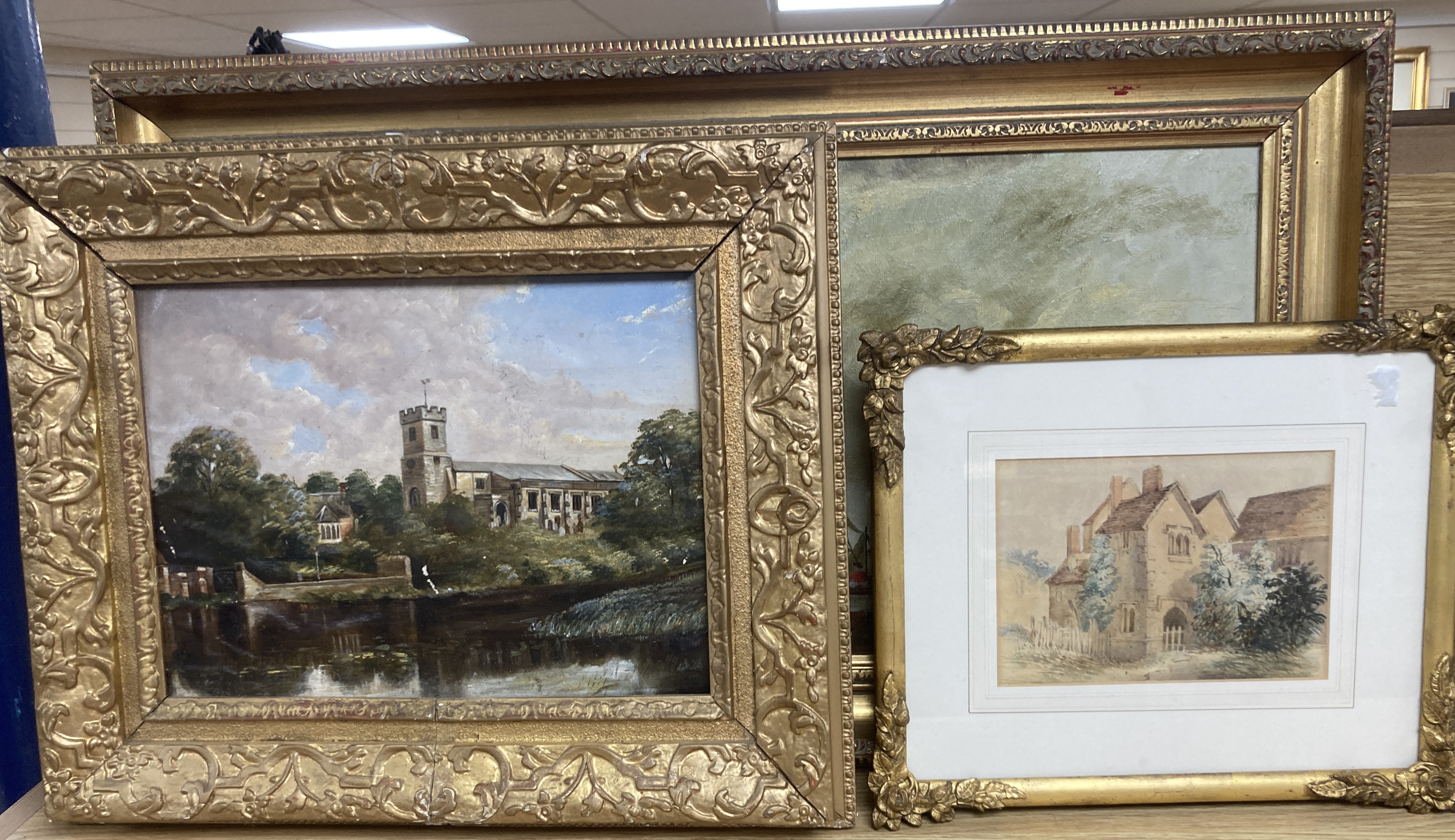 B.A. Richmond, oil on canvas, 17th century style Dutch river landscape, 30 x 60cm, an oil of a riverside church, c.1900 and a small watercolour of a cottage